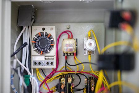 Electrical cabinet timer used to power large electrical equipment.