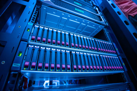 The server room tells the computer server that is working continuously. Convey the power and...