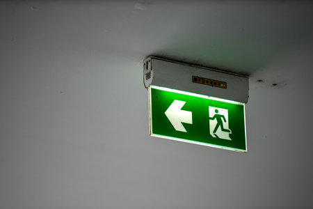 Exits and exit guidelines for people to leave the building in the event of a fire.の写真素材
