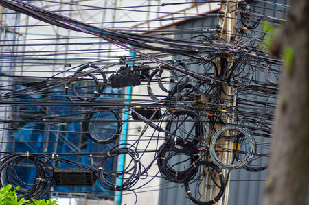 An electrical pole that shows the disorder in the arrangement of the cables.の写真素材