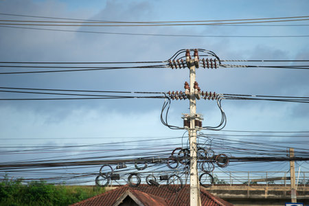 An electrical pole that shows the disorder in the arrangement of the cables.の写真素材