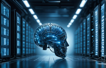 3d rendering humanoid robot in data center or server room with circuit board .の素材