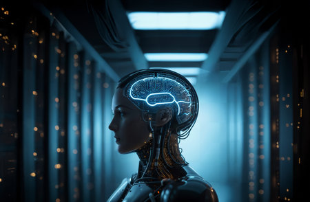 3d rendering humanoid robot in data center or server room with circuit board .の素材