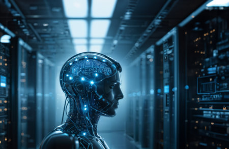 3d rendering humanoid robot in data center or server room with circuit board .の素材