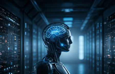 3d rendering humanoid robot in data center or server room with circuit board .の素材