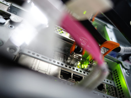 close up of network cables connected to switch in a technology data center