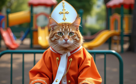 A regal cat dressed as a pope, complete with a white papal hat, cape, and a cross necklace, sitting on a sunny day.の素材