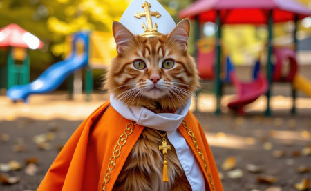 A regal cat dressed as a pope, complete with a white papal hat, cape, and a cross necklace, sitting on a sunny day.の素材