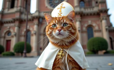 A regal cat dressed as a pope, complete with a white papal hat, cape, and a cross necklace, sitting on a sunny day.の素材
