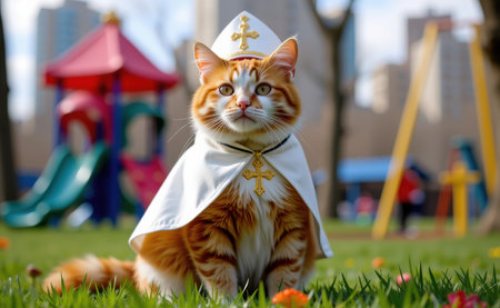 A regal cat dressed as a pope, complete with a white papal hat, cape, and a cross necklace, sitting on a sunny day.の素材