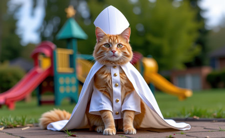 A regal cat dressed as a pope, complete with a white papal hat, cape, and a cross necklace, sitting on a sunny day.の素材