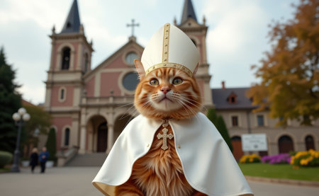A regal cat dressed as a pope, complete with a white papal hat, cape, and a cross necklace, sitting on a sunny day.の素材