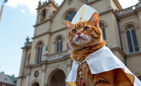 A regal cat dressed as a pope, complete with a white papal hat, cape, and a cross necklace, sitting on a sunny day.の素材