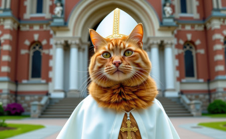 A regal cat dressed as a pope, complete with a white papal hat, cape, and a cross necklace, sitting on a sunny day.の素材