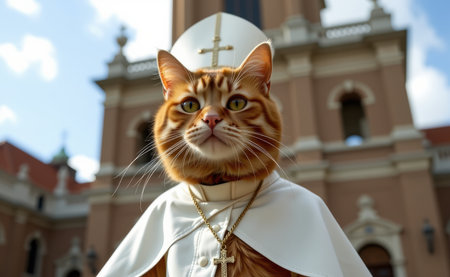 A regal cat dressed as a pope, complete with a white papal hat, cape, and a cross necklace, sitting on a sunny day.の素材