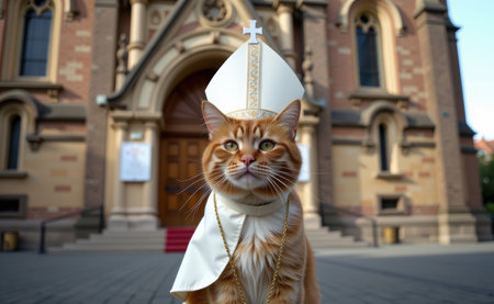 A regal cat dressed as a pope, complete with a white papal hat, cape, and a cross necklace, sitting on a sunny day.の素材
