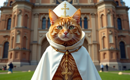 A regal cat dressed as a pope, complete with a white papal hat, cape, and a cross necklace, sitting on a sunny day.の素材
