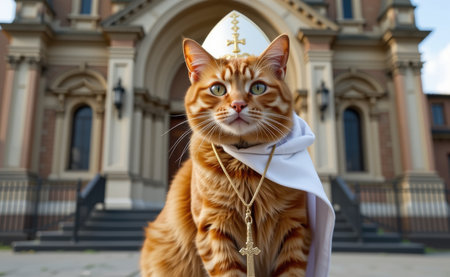 A regal cat dressed as a pope, complete with a white papal hat, cape, and a cross necklace, sitting on a sunny day.の素材
