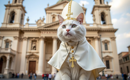 A regal cat dressed as a pope, complete with a white papal hat, cape, and a cross necklace, sitting on a sunny day.の素材