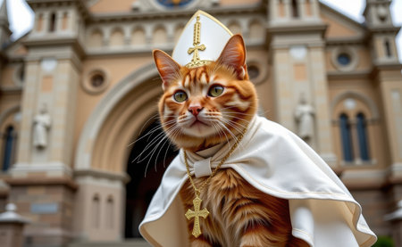 A regal cat dressed as a pope, complete with a white papal hat, cape, and a cross necklace, sitting on a sunny day.の素材