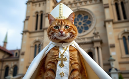 A regal cat dressed as a pope, complete with a white papal hat, cape, and a cross necklace, sitting on a sunny day.の素材
