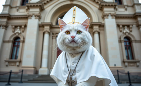 A regal cat dressed as a pope, complete with a white papal hat, cape, and a cross necklace, sitting on a sunny day.の素材