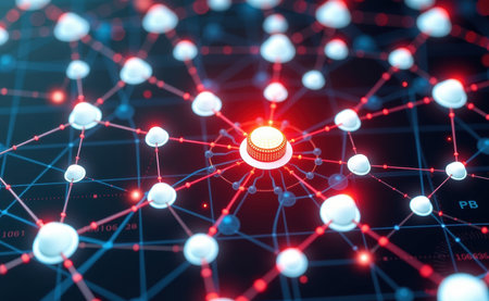 A symbolizing connectivity, innovation, and advanced technology concepts like AI, blockchain, and data structures.の素材