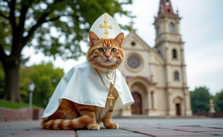 A regal cat dressed as a pope, complete with a white papal hat, cape, and a cross necklace, sitting on a sunny day.の素材