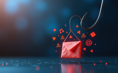 A digital illustration of a glowing red email envelope hooked by a phishing hook, symbolizing cyber threats, email scams, phishing attacks, and online fraud in a futuristic cybersecurity concept.の素材