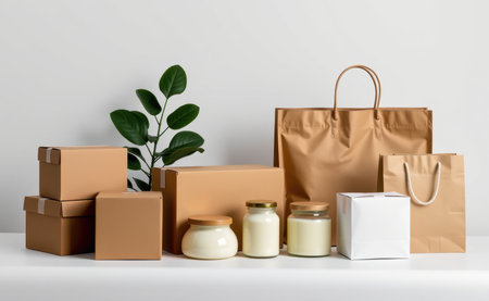 A collection of eco-friendly packaging materials, including paper bags, glass jars, and a plant, on a white background.の素材