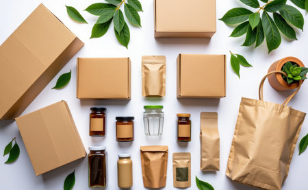 A collection of eco-friendly packaging materials, including paper bags, glass jars, and a plant, on a white background.の素材