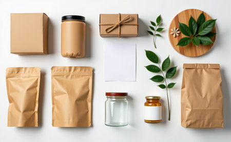 A collection of eco-friendly packaging materials, including paper bags, glass jars, and a plant, on a white background.の素材