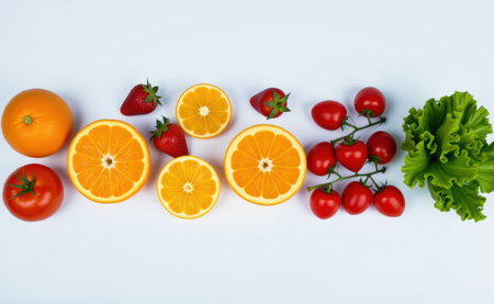Fresh fruits and vegetables arranged on a clean white background, showcasing healthy food choices and vibrant colors.の素材
