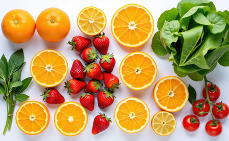 Fresh fruits and vegetables arranged on a clean white background, showcasing healthy food choices and vibrant colors.の素材