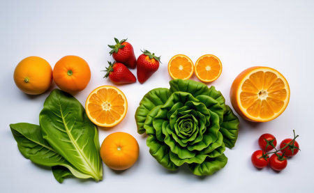 Fresh fruits and vegetables arranged on a clean white background, showcasing healthy food choices and vibrant colors.の素材