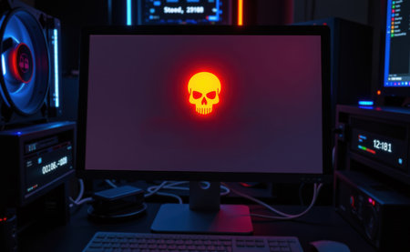 A dimly lit workspace featuring a computer screen with a glowing skull icon and the text "Warning" alongside hacking related information.の素材