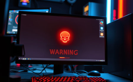 A dimly lit workspace featuring a computer screen with a glowing skull icon and the text "Warning" alongside hacking related information.の素材