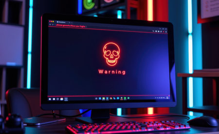 A dimly lit workspace featuring a computer screen with a glowing skull icon and the text "Warning" alongside hacking related information.の素材