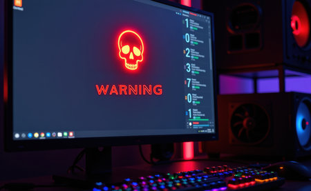 A dimly lit workspace featuring a computer screen with a glowing skull icon and the text "Warning" alongside hacking related information.の素材