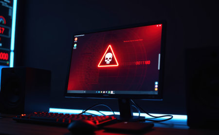 A dimly lit workspace featuring a computer screen with a glowing skull icon and the text "Warning" alongside hacking related information.の素材