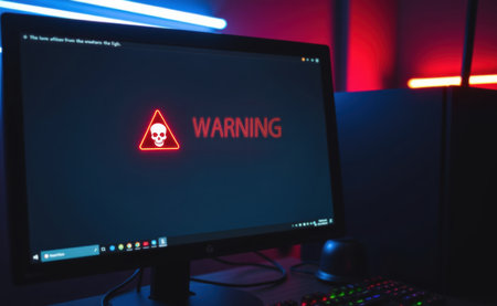 A dimly lit workspace featuring a computer screen with a glowing skull icon and the text "Warning" alongside hacking related information.の素材