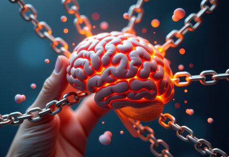 A human brain encased in chains, symbolizing mental health struggles, anxiety, or feeling trapped.の素材