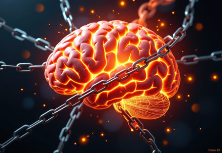 A human brain encased in chains, symbolizing mental health struggles, anxiety, or feeling trapped.の素材