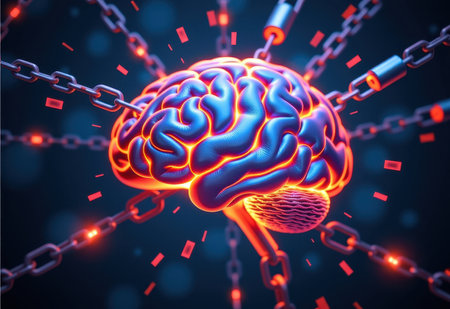 A human brain encased in chains, symbolizing mental health struggles, anxiety, or feeling trapped.の素材