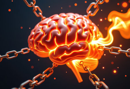 A human brain encased in chains, symbolizing mental health struggles, anxiety, or feeling trapped.の素材