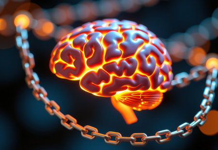 A human brain encased in chains, symbolizing mental health struggles, anxiety, or feeling trapped.の素材