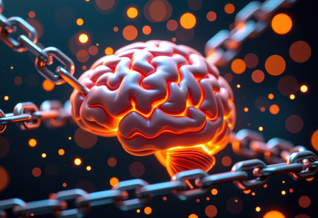 A human brain encased in chains, symbolizing mental health struggles, anxiety, or feeling trapped.の素材