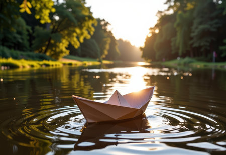 A paper boat floats serenely on a calm river, bathed in the warm glow of the setting sun. Sunlight filters through the lush green foliage of trees lining the riverbank, creating a magical and peaceful atmosphere.の素材
