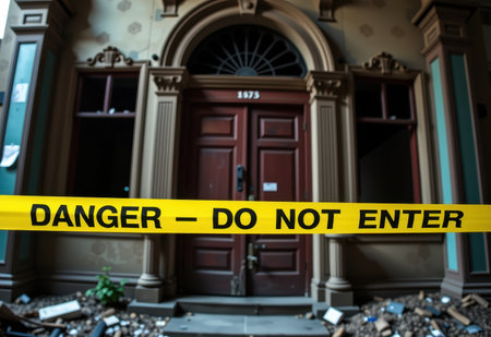A close-up of a yellow caution tape reading "DANGER - DO NOT ENTER" stretched across the entrance of an abandoned, decaying building.の素材