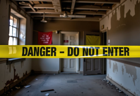 A close-up of a yellow caution tape reading "DANGER - DO NOT ENTER" stretched across the entrance of an abandoned, decaying building.の素材